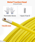 Close-up of Fiberglass Fish Tape 425 Foot Long Quarter Inch non-conductive wire with metal traction head and gloves included.