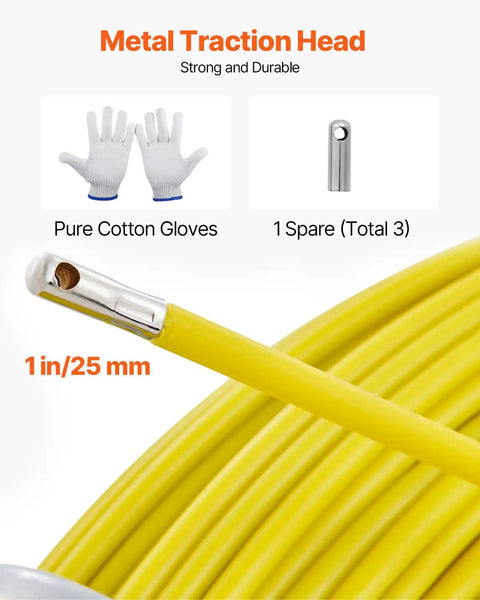 Fiberglass Fish Tape One Quarter Inch By 425 Feet Heavy Duty Duct Rodder Wire Puller Cable Running Rod With Steel Reel Stand Yellow 6mm By 130m Ideal For Electrical Conduit Runs Attic And Wall Installations Quick Snag And Pull showing metal traction head and gloves.