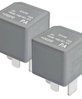 Two Beefy 12V DC 70A 4-Pin Automotive Power Relays for heavy-duty circuits, gray housing, compatible with multiple OEM part numbers