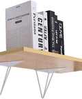 Dope Heavy Duty Triangle Shelf Brackets, Badass Wall Mount Floating Support, Industrial Corner Hardware For Bookshelves And Home Decor, 2 Pack Gold White Finish holding books on a wooden shelf.