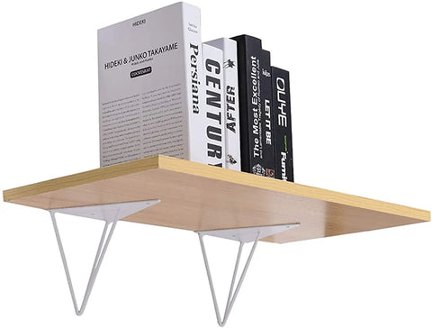 Dope Heavy Duty Triangle Shelf Brackets, Badass Wall Mount Floating Support, Industrial Corner Hardware For Bookshelves And Home Decor, 2 Pack Gold White Finish holding books on a wooden shelf.