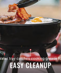 Four In One Portable Propane Grill With Stove Griddle And Wok Attachments showing bacon and eggs cooking on griddle, water tray visible