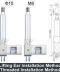 Built Like A Tank DC 24 Volt Electric Linear Actuator With Quick Setup Motor Controller And Heavy Duty Mechanical Arm Pumping Out 2000 Newton Force Plus 350 Millimeter Throw For Weekend Warriors, showing lifting ear installation methods.