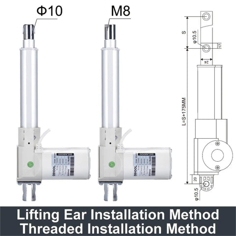 Built Like A Tank DC 24 Volt Electric Linear Actuator With Quick Setup Motor Controller And Heavy Duty Mechanical Arm Pumping Out 2000 Newton Force Plus 350 Millimeter Throw For Weekend Warriors, showing lifting ear installation methods.