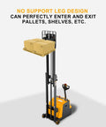 Tory Full Electric Pallet Stackers 1200 Lb Capacity With Tilt Forks lifting stacked boxes, featuring no support leg design for easy entry.