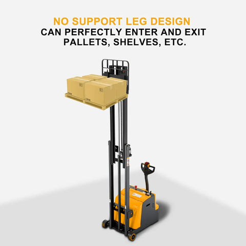 Tory Full Electric Pallet Stackers 1200 Lb Capacity With Tilt Forks lifting stacked boxes, featuring no support leg design for easy entry.