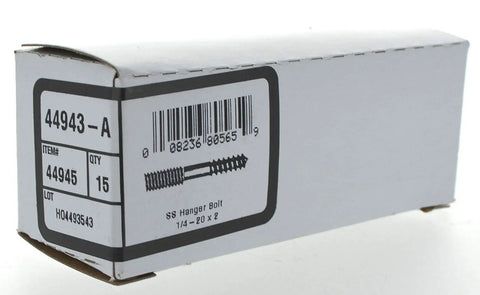Heavy Duty Stainless Steel Hanger Bolts For Wood And Drywall Rock Solid Overhead Mounting Hardware Quarter Inch By Two Inch Coarse Thread Pack Of Fifteen box packaging shown from an angle.