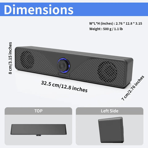 Dimensions of Desktop Monitor Soundbar With USB Powered Plug And Play Audio For Laptop And PC 3.5mm AUX Volume Knob