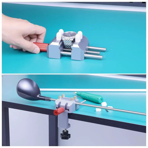 Dope Little Aluminum Table Vise For Crafts And Jewelry Making 2.8 Inch Portable Mini Bench Clamp holding objects on a table.