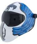 Heaven's Wrath Auto Darkening Welding Helmet With Ultra Light Design, blue and white graphic, dual halo headgear, side view