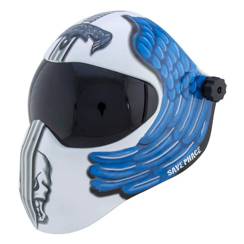 Heaven's Wrath Auto Darkening Welding Helmet With Ultra Light Design, blue and white graphic, dual halo headgear, side view