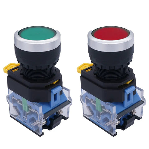 Red Mushroom Emergency Stop Push Button Switch, Self-Locking Latching Rotary, 3 Positions, shown in comparison with a green button