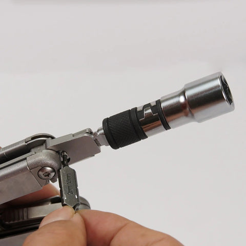 Flat End 1 Quarter Inch Hex To Square Socket 2 In 1 Extension Bit Driver Extender connected to multitool adapter