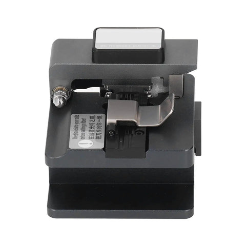 Pro Optical Fiber Cleaver Machine with Tungsten Steel Blade For Precision 90 Degree Cuts, top view showing cutting mechanism and clamp.