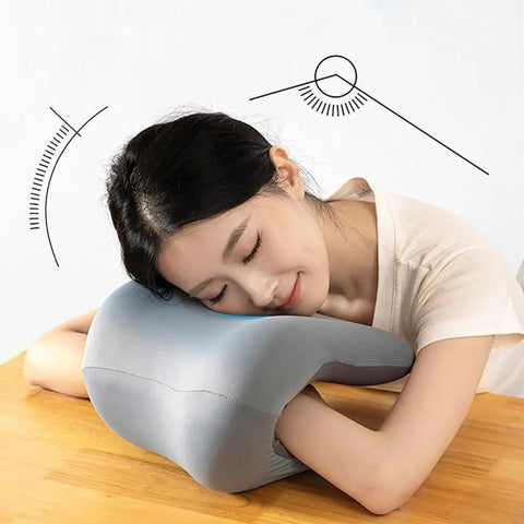 Cozy Ergonomic Office Chair Headrest With Memory Foam Neck Support Pillow, grey, used by woman for comfort nap.