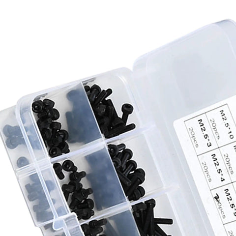 M2.5 Hex Socket Head Cap Screws And Nuts Kit 300 Pieces 12.9 Grade Black Alloy Steel High Strength Pro Grade Fasteners Assorted Lengths 3mm To 20mm For DIY Pros Electronics And Robotics displayed in a clear plastic case