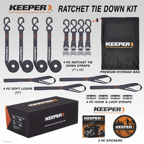 Heavy Duty Ratchet Tie Down Straps Kit 1 Inch By 15 Feet Four Pack With Soft Loop Extensions for Motorcycle ATV UTV and Moving 1800