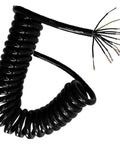 Built Rugged Retractable Spiral Coil Cord With Telescopic Spring Extension Cable showing coiled black cable for garages and workshops.
