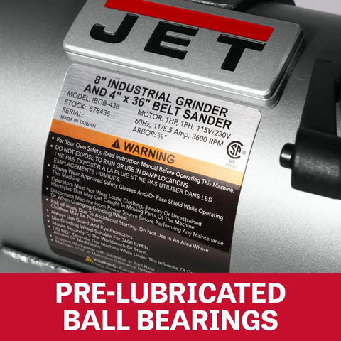 Label on Heavy Duty 8 Inch Bench Grinder Paired With A 2X48 Belt Sander displaying motor specs and warnings.