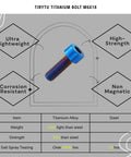 Ultra Lightweight Titanium Bolts M6x18 Hex Socket Screws For Beefed Up Weight Critical Upgrades On MTB Road Bikes And Motorcycles Burnt Blue Finish 6 Pack Rust Proof Corrosion Resistant Fasteners in infographics highlighting features.