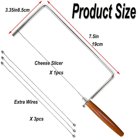7.5 Inch Badass Cheese Slicer Kit Stainless Steel Wire Cutter With Wood Handle, includes extra wires for cheese slicing.