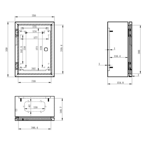 Technical drawing of Built Tough Metal Electrical Enclosure Box IP65 Waterproof For Indoor And Outdoor Use 14x10x6 Gray Powder-Coated