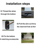 Installation steps for Kickass EV Charger Station Box And Cable Keeper, showing wire threading, top hole pulling, and bottom fixing.