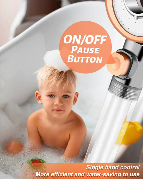 Child in bath with Powerful Filtered Shower Head With Handheld Spray For Skin And Hair Care, High Pressure Water Head