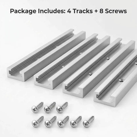 4 aluminum tracks with mounting holes and 8 screws from 12 Inch T Track Kit Aluminum Double Track Set 4 Pack For Woodworking.