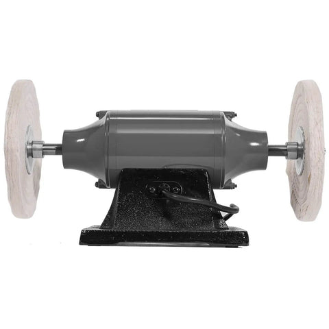 8 Inch Dual Buffer Benchtop Grinder Polisher with 0.75 HP Motor, 3450 RPM, sturdy cast iron base, front view with 2 buffing wheels