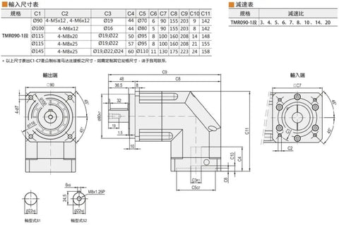 Built Durable 90 Degree Right Angle Helical Planetary Gearbox dimensions and specifications for Nema34 750W AC Servo Drives.