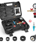 No Sweat Universal Coolant Vacuum Refill Kit For Cars with pressure gauge, connectors, and black hoses in a carrying case.