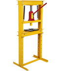 Dead Serious 12 Ton Hydraulic H Frame Shop Press With No Sweat Adjustable Table And Knockout Steel Plates For Quick Gears And Bearings Maintenance Heavy Duty Shop Tools, yellow frame with red hydraulic jack.