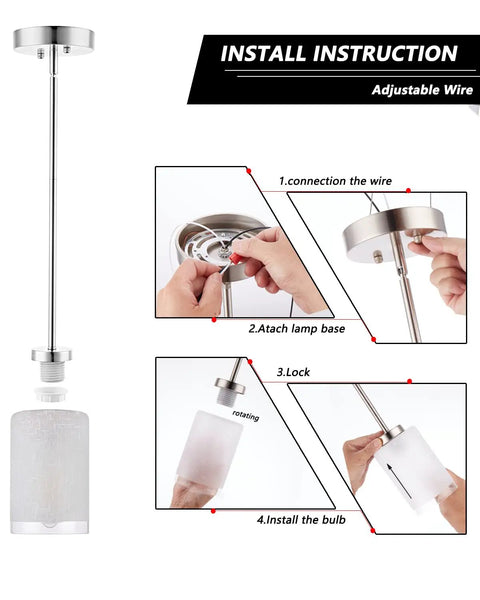 Installation guide for Two Pack Brushed Nickel Mini Pendant Lights With Linen Glass Shade For Kitchen Island, Living Room, Hallway And Bedroom