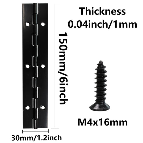 Dead Nuts Reliable 4 Pack 6 Inch Matte Black Piano Hinges Heavy Duty Continuous Folding Hardware next to mounting screw.