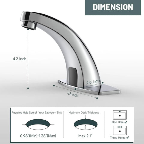 Hands Free No Touch Bathroom Sink Faucet With Motion Sensor And Temperature Control Automatic Sensor Vanity Faucet With Control Box Modern Chrome Finish Battery Or 110V Power Option Includes Hole Cover Plate with dimensions.