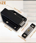 Magnetic Push Door Latch Set, Heavy Duty Cabinet Catches, dimensions shown in black ABS plastic.