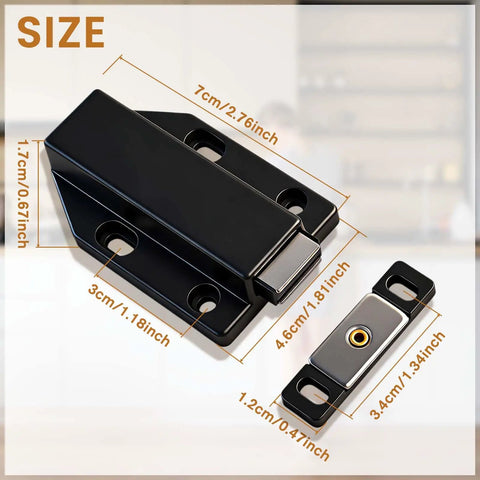 Magnetic Push Door Latch Set, Heavy Duty Cabinet Catches, dimensions shown in black ABS plastic.