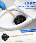Heavy Duty Wood Handle Black Toilet Plungers Bulk Pack Of 10 Built Tough Rubber Cups in use, clearing a toilet clog.