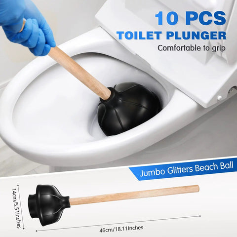 Heavy Duty Wood Handle Black Toilet Plungers Bulk Pack Of 10 Built Tough Rubber Cups in use, clearing a toilet clog.