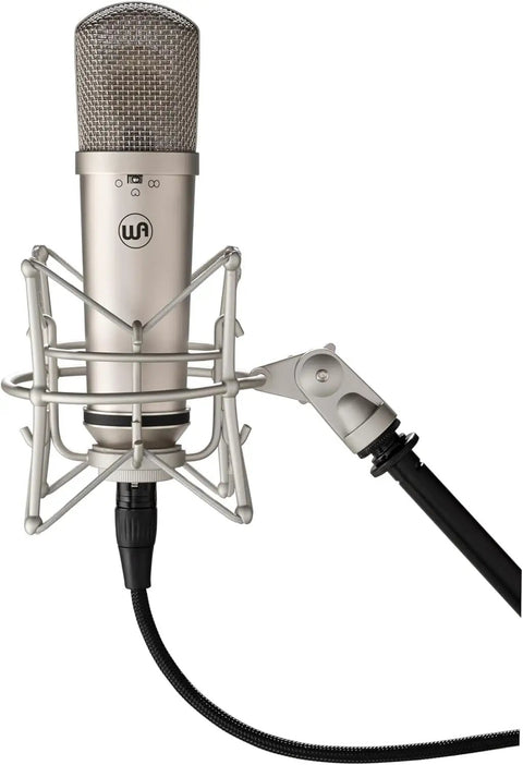 87 Style Large Diaphragm Condenser Microphone with Shock Mount Nickel Finish attached to a boom arm