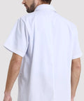 Back view of unisex three quarter length lightweight lab coat with short sleeves, white, medium size, durable polyester.