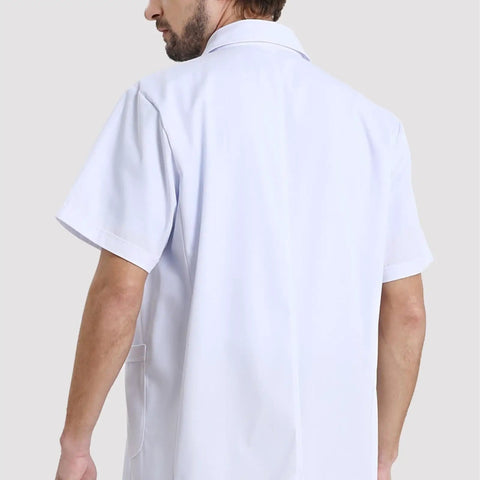 Back view of unisex three quarter length lightweight lab coat with short sleeves, white, medium size, durable polyester.