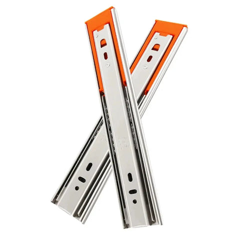Premium 10 Pair Full Extension Side Mount Drawer Slides Black Ball Bearing Cold Rolled Steel Hardware For Home Cabinets showing two slides with orange ends.