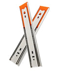 Rock Solid Full Extension Side Mount Drawer Slides, two heavy duty black steel tracks with orange end caps for cabinet use.