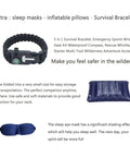 Survival bracelet with compass, inflatable pillow, and sleep mask set for outdoor comfort and safety on camping trips.