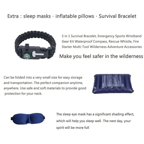 Survival bracelet with compass, blue inflatable pillow, and blue sleep mask for wilderness adventures.