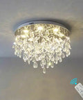 20 Inch Modern Crystal Chandelier With Dimmable LED Lighting for Living Room, displaying lit crystal fixture and remote control