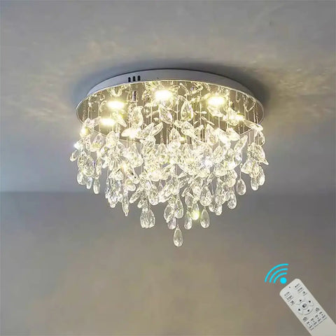 20 Inch Modern Crystal Chandelier With Dimmable LED Lighting for Living Room, displaying lit crystal fixture and remote control