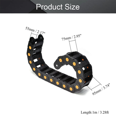 Open Type Drag Chain Cable Carrier With End Connectors R100 Inner 35x75mm 1 Meter Black Heavy Duty Reinforced Nylon Cable Chain